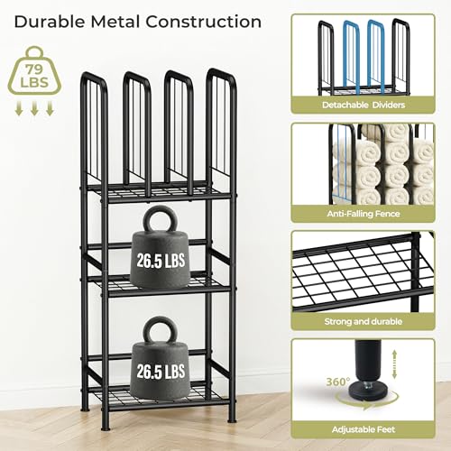 3 Tier Towel Racks for Bathroom with Dividers, Free Standing Metal Towels Holder Stand with Shelf, Towel Storage Organizer Bathroom Shelf, Metal Shelving Unit, Pool Towel Rack, Black