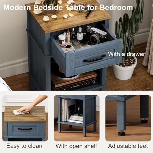 Blue Nightstand,Small Night Stand, Farmhouse Night Stands with drawers | Blue End Table Living Room,Wooden Night Stand,Blue Bedside Table,Wooden Nightstand,Farmhouse Side Table with Drawer LET512LR - color: Blue