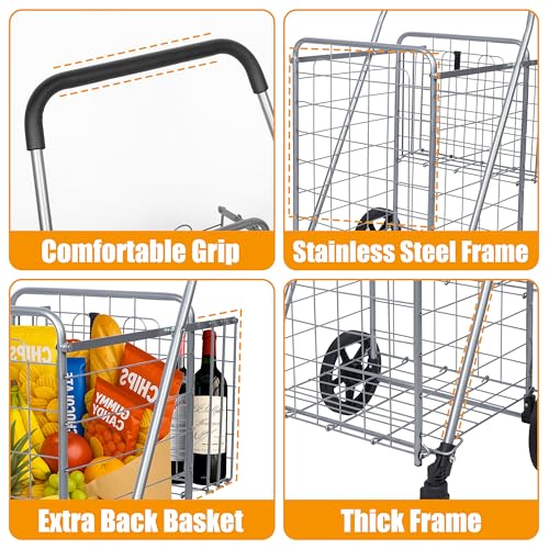 Whitmor Utility Folding Shopping Cart, 115L Heavy Duty Grocery Cart with Double Basket, 360° Swivel Wheels, Foldable Rolling Utility Trolley, 110 Lbs Capacity for Grocery, Laundry, Travel, Sliver - size: 21.29"L x 21.65"W x 36.2"H, Sliver