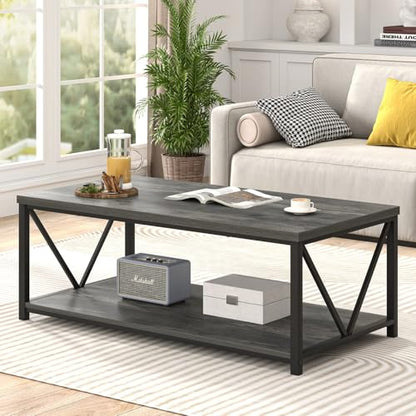 EXCEFUR Coffee Table, Rustic Wood and Metal Living Room Table, Industrial Rectangle Center Table with Storage Shelf, 47 Inch Grey - color: Grey, size: 47 inch