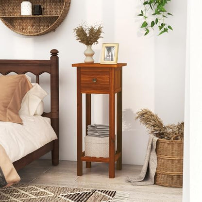 Giantex Narrow End Table with Drawer, Tall Acacia Wood Side Table with Bottom Shelf, Modern Bedside Tables, 2-Tier Nightstand for Small Spaces Bedroom Living Room, No Assemble Required, Brown - color: Brown