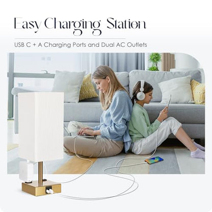 Set of 2 Bedside Table Lamp 3 Way Dimmable Nightstand Lamp with USB C & USB A Charging Port, 2 AC Outlets, 3000K LED Bulbs (Pleate) - color: Pleated