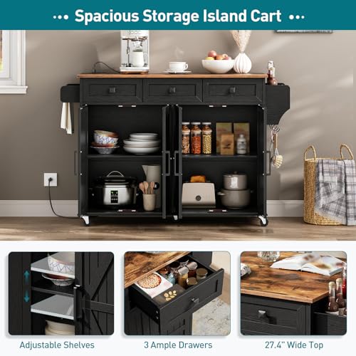 RALGEND Kitchen Island with Drop Leaf & Power Outlet, Rolling Kitchen Island Cart On Wheels, Barn Door Kitchen Island Table with Storage, Island Table for Kitchen, Black and Rustic Brown - color: Black + Rustic Brown