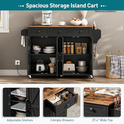 RALGEND Kitchen Island with Drop Leaf & Power Outlet, Rolling Kitchen Island Cart On Wheels, Barn Door Kitchen Island Table with Storage, Island Table for Kitchen, Black and Rustic Brown - color: Black + Rustic Brown
