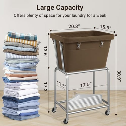 ELYKEN Rolling Laundry Hamper with Wheels, Removable Bag, Laundry Cart | Heavy Duty Metal Frame, 2-Tier Clothes Basket with Shelf, Ideal for Closet, Bedroom, Bathroom & Laundry Room - color: Camel Brown, size: 20.3"L x 15.9"W x 30.9"H