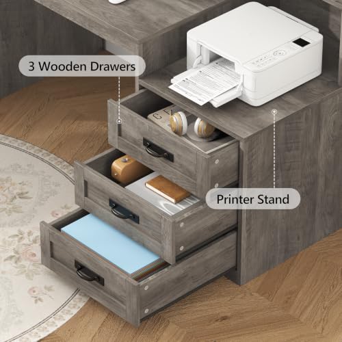 65" Farmhouse Computer Desk with Drawers and Printer Stand for Home Office | Office Desk with Power Outlets and Storage Cabinet, Study Writing Desks with Long Monitor Stand, Grey - color: Grey