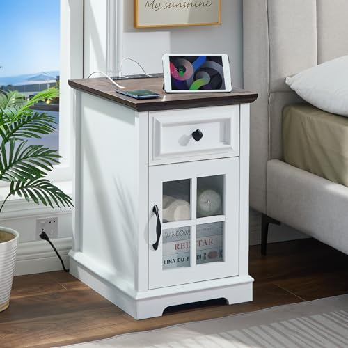 Farmhouse end tables living room, White Side Table with Charging Station | Bedside Table with USB Ports and Outlets, Nightstand with Drawer and Glass Door Storage, for Living Room, Bedroom, Office - color: White