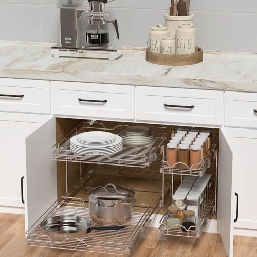 OCG 2 Tier Pull Out Cabinet Organizer (21.5" W x 18" D), Pull Out Shelves for Kitchen Cabinets, Slide Out Pantry Shelves for Base Cabinet Organization in Kitchen Bathroom Pantry, Chrome Finish - size: 21.5"W x 18"D, 2 Tier