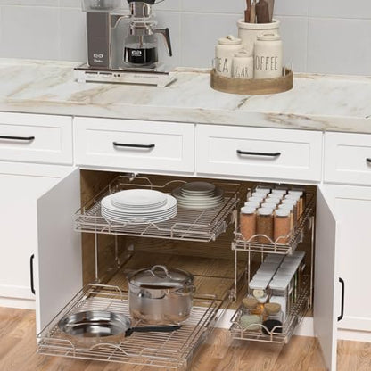 OCG 2 Tier Pull Out Cabinet Organizer (14" W x 21" D), Pull Out Drawers for Kitchen Cabinets, Pull Out Shelves for Base Cabinet Organization in Kitchen Bathroom Pantry, Chrome Finish - size: 14"W x 21"D, 2 Tier