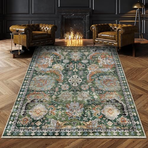 RUGSURE Washable Area Rugs - Perfect for Living Room, Bedroom, Kids Room, Nursery - Stain & Water Resistant Non-Slip, Pet & Child Friendly, Vintage Tribal Area Rugs (Green, 5' x 7') - color: Green, size: 5' x 7' (Rectangular)