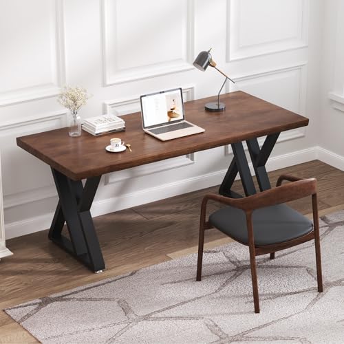 tiedingdingjiajuSolid Wood Desk 47 Inch, Rustic Wooden Writing Desk with Sturdy Metal Frame,Modern Simple Design Executive Real Wood Computer Desk for Home Office, Bedroom & Living Room - size: 47.24in
