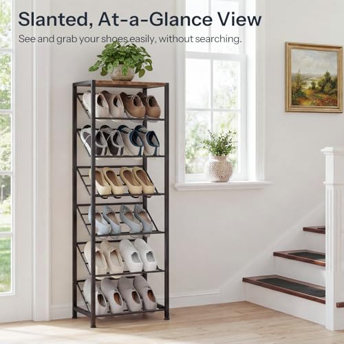 HOOBRO Narrow Shoe Rack for Small Spaces, Slanted Shoe Organizer for Entryway, Slim Angled Shoe Storage Rack for Closet, Space Saving 7 Tier Shoe Shelf Holds 6-12 Pairs, Rustic Brown BF72XJ01 - size: 7 Tier ( 45.9"H)