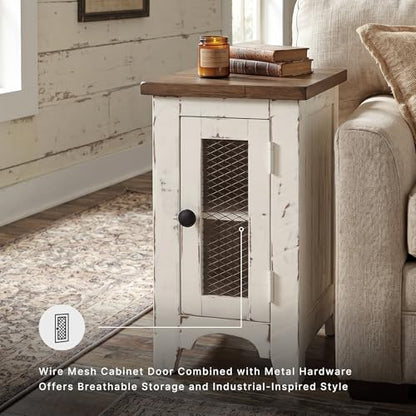 Signature Design by Ashley Wystfield Farmhouse Chair Side End Table with Cabinet Door for Storage, White & Brown with Distressed Finish - color: Dark Brown & White