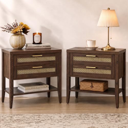 SICOTAS Night Stand Set 2,Rustic Nightstand Set of 2 with Drawer and Shelf | Large Bedside Table for Bedroom, Mid Century Modern Nightstand, 25.7" Tall Side End Table, Espresso Walnut, 2 Pieces - color: Espresso Walnut, size: 2 Pieces