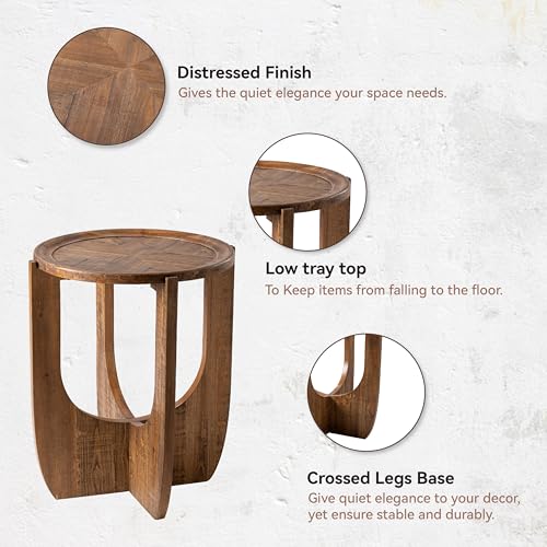 COZAYH Rustic Farmhouse Round End Table with Tray Top, Curved Legs, Brown | French Country Accent Side Table for Small Spaces, Family, Dinning or Living Room, Modern