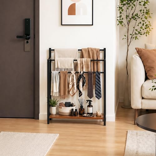 24.8" W Freestanding Towel Rack with Rustic Brown Wood Shelf | 3 Tier Blanket Ladder Stand for Bathroom Living Room, Metal Frame - color: Rustic Brown, size: 31.5" H x 24.8" W x7.9 D