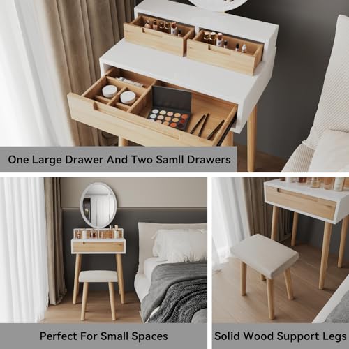 YOURLITE Small Makeup Vanity Desk with Lights, Compact Vanity Desk with Adjustable Brightness Mirror for Small Spaces, Dressing Table with Drawers and Storage Shelves - size: 24", style: Oval Mirror Wooden with shelf