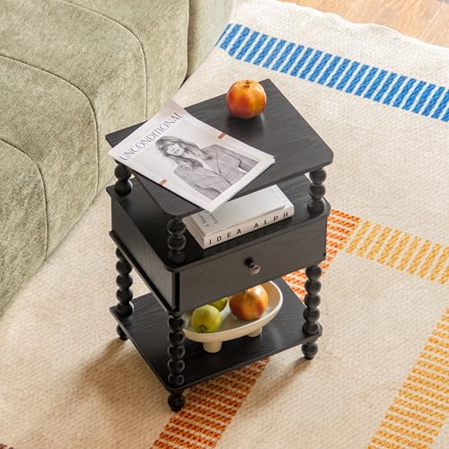 AWASEN Black Nightstand, Bed Side Table Bedroom with Drawer, 3-Tier Small Night Stand End Table with Storage for Small Spaces &Solid Wood Spindle Legs, Black - color: Black