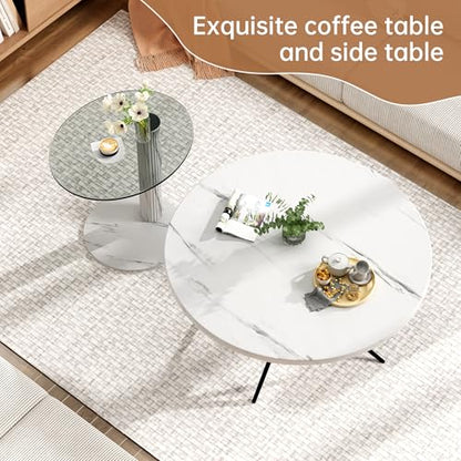 Hooseng Set of 2 Round Coffee Tables, Faux Marble Top and Modern Tempered Transparent Glass Top,Perfect for Living Room,Cafe,Home,and Office(Coffee Table+Side Table) - color: Coffee Table+side Table