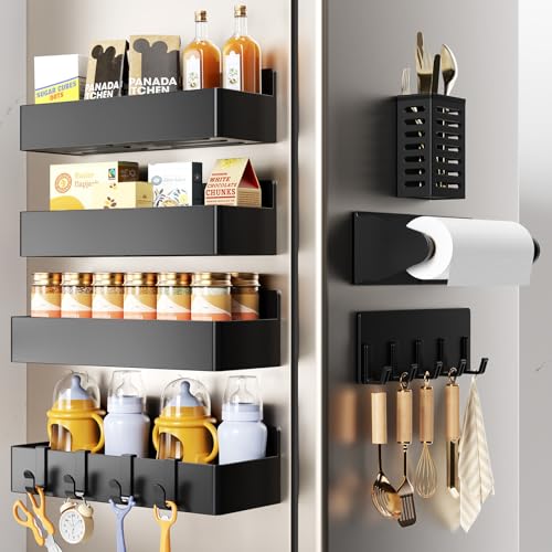 Mystozer Magnetic Spice Rack for Refrigerator,7 Pack Magnetic Shelf,Fridge Magnet Organizer with Paper Towel Holder,Utensils Racks,Hook Rack,Fridge Organizers and Storage Black(7 Pack) - color: Black, size: 7 Pack