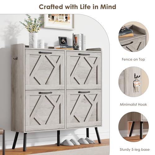 Shoe Cabinet with 4 Flip Drawers, Freestanding Shoe Organizer Cabinet, Farmhouse Narrow Shoe Storage Cabinet for Entryway, Foyer, Hallway - color: Light Grey