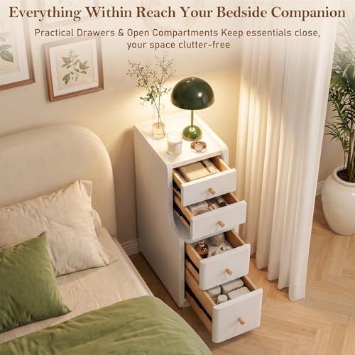 Narrow Nightstand with 4 Drawers, 7.9" Solid Wood Narrow Bedside Table White with Open Shelf & Cable Hole, Modern Night Stand Slim Bedside Table for Bedroom(Fully Assembly) - color: White