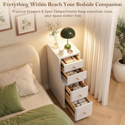 Narrow Nightstand with 4 Drawers, 7.9" Solid Wood Narrow Bedside Table White with Open Shelf & Cable Hole, Modern Night Stand Slim Bedside Table for Bedroom(Fully Assembly) - color: White