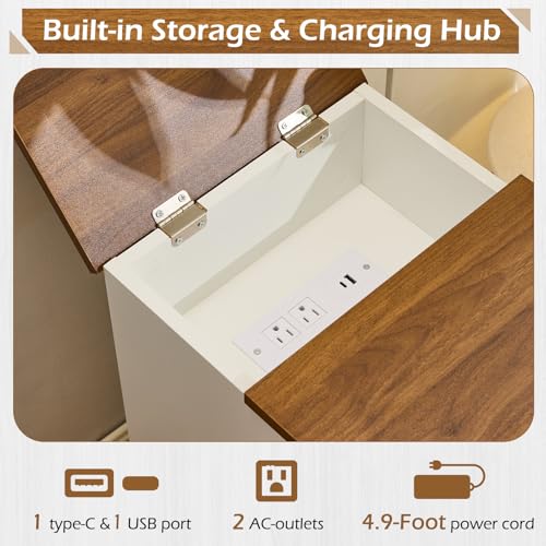 EROMMY Farmhouse End Table with Charging Station, Narrow Side Table for Living Room, Nightstand with Drawer and Storage Cabinet, Adjustable Shelf, White - color: White