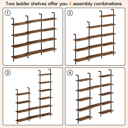 HOOBRO DIY Ladder Shelf, 6-Tier Wall Mounted Bookshelf, Office Vertical Bookcase, Wooden Storage Shelves for Home Office, Bedroom, Rustic Brown and Black BF65CJ01 - color: Rustic Brown and Black