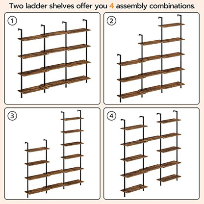 HOOBRO DIY Ladder Shelf, 6-Tier Wall Mounted Bookshelf, Office Vertical Bookcase, Wooden Storage Shelves for Home Office, Bedroom, Rustic Brown and Black BF65CJ01 - color: Rustic Brown and Black