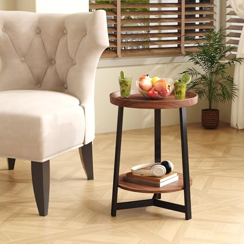 Industrial 2 Tier Round Side Table with Storage Shelf,Accent Tray End Table with Triangular Metal Support, Nightstand Bedside Sofa Table for Living Room, Bedroom, Balcony, Cherry - color: Cherry, style: No Charging Station