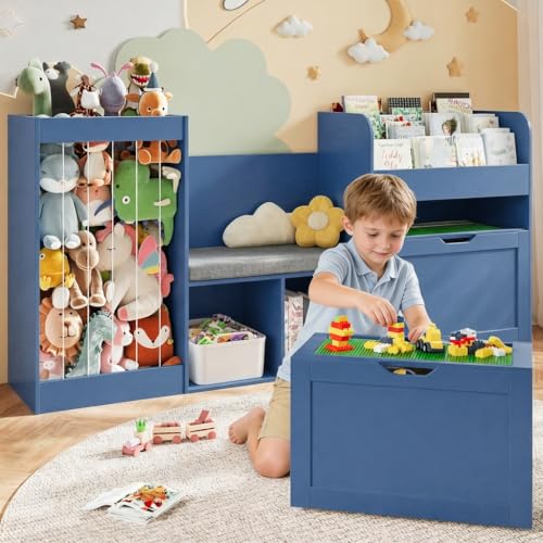 VontinT 68.9" W Wooden Reading Nook Kids Bookshelf Toy Storage Organizer | Removable Lego Baseplate Lid, Rolling Drawer, 122L Stuffed Animal Storage, Bench with Cushion for Kids Playroom, Blue - color: Blue