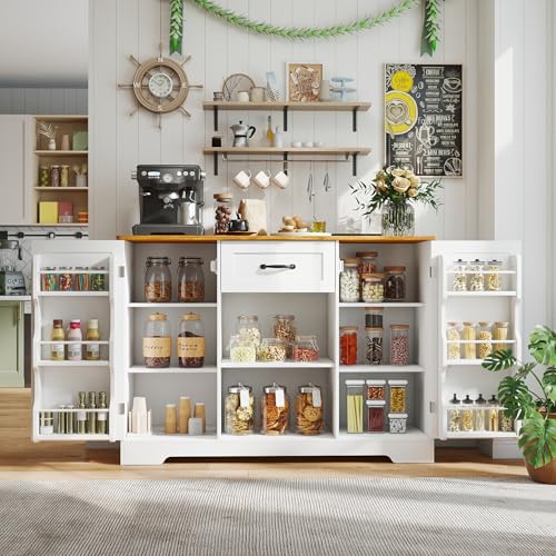 Gizoon 45" Kitchen Sideboard Buffet Cabinet with Storage Coffee Bar Cabinet with Drawer, Kitchen Pantry Storage with Door and Shelves for Bathroom and Living Room, White and Rustic - color: White and Retro, size: 46"W (2 Doors + 1 Drawer)