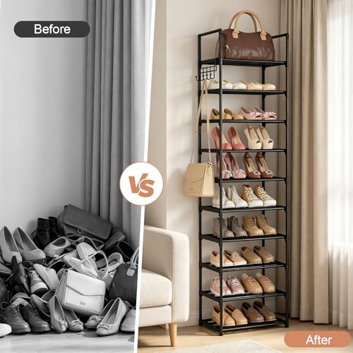 Narrow Shoe Rack 10 Tiers Tall Shoe Rack for Entryway Closet 20 24 Pairs Shoe & Boots Organizer Storage Shelf Durable Black Metal Stackable Shoe Cabinet with Hooks, 17.1D x 11.8W x 78.7H in - color: Black