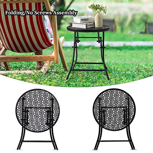TeoKJ Folding Small Outdoor Side Tables, Anti Rust Small Patio Table Round Metal Nightstand with Flower Cutouts for Porch Yard Balcony Deck Lawn, Black - color: Black