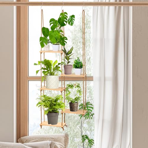 Novabright 5 Tier Hanging Window Plant Shelf with Wooden Shelves, Wood Window Sill Plant Stand Indoor, Boho Hanging Planter Hanger with Adjustable Rope for Bedroom Decor(Natural Wood Color,1 Pcs) - color: Natural Wood Color
