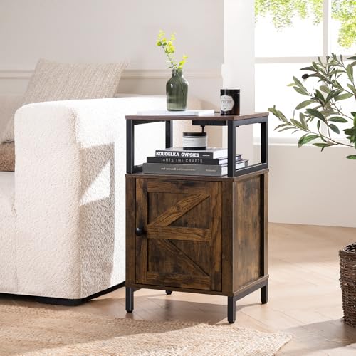 Yoobure Farmhouse NightStand with Charging Station，Wood Night Stand End Table with USB Ports, LED Bed Side Table with Storage Cabinet，Bedside Table for Bedroom, Living Room Rustic Brown - color: Rustic Brown