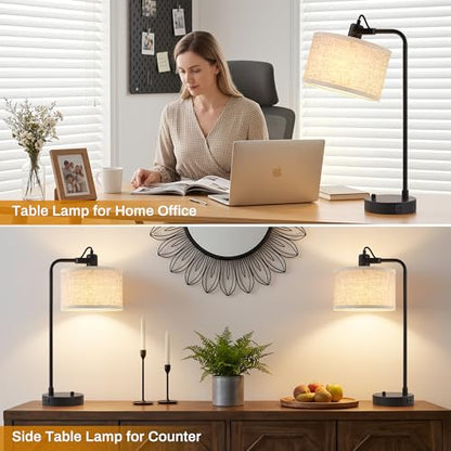 Black Table Lamp Set of 2 with USB A and C Ports, 180° Adjustable Stepless Dimming Bedside Lamps for Night Stands, E26 LED Bulb Included, Industrial Desk Lamps for Home Office, Bare Bulb Compatible - color: Black-A