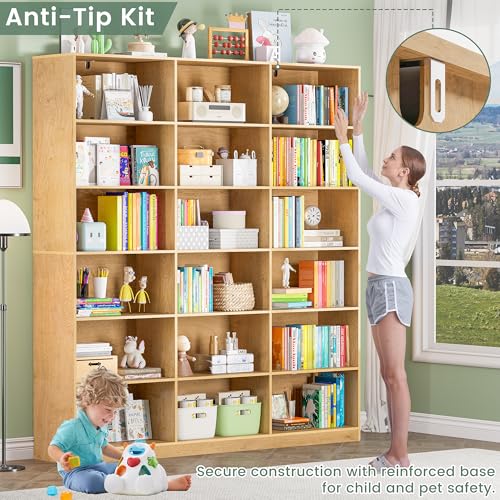 Natural Bookcase with Open Display Shelves, Large Triple Wide Bookshelf, 71.6” Tall 6 Tier Book Case for Living Room, Home Office, Library Bookshelf 2PCS - color: Natural, size: Wide 59.1 Inch-2pc