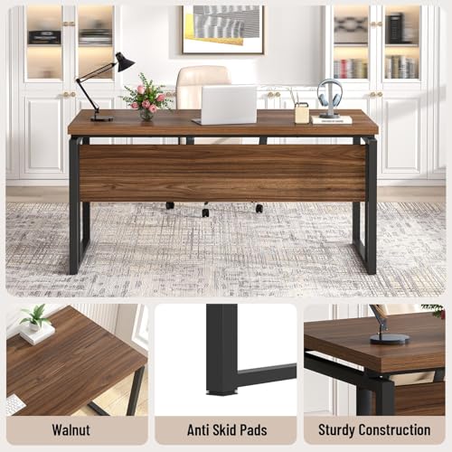 EXCEFUR Home Office Desk, Modern Computer Desk for Workstation, Wood Metal Executive PC Laptop Study Writing Table for Living Room, 53 Inch, Rustic Walnut - color: Walnut