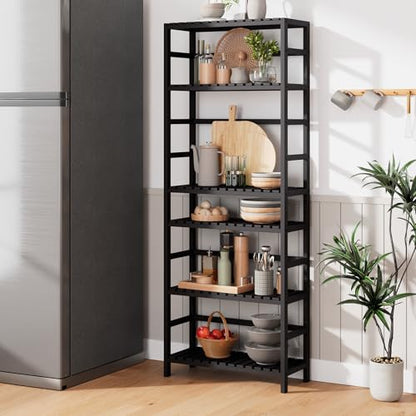 Bamjoy Bamboo Shelf, 6-Tier Bookshelf Adjustable Storage Shelves, Tall Shelving Unit Plant Stand, Storage Rack for Bathroom Home Office Living Room Kitchen, 23.6W x 10.2D x 63.4H Black - color: Black