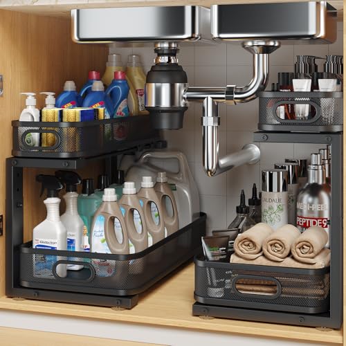 2 Pack 17.3IN-Depth Under Sink Organizer with Smooth Cylindrical Rail,2-Tier Pull Out Multi-Purpose Cabinet Storage for Bathroom&Kitchen,Height Adjustable,Rust-Resistant Coating-Black - color: Black, size: 2 Pack-17.3"Dx11"-16.14"H