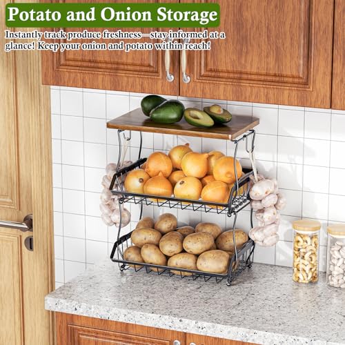 OKZEST 3-Tier Fruit Basket Fits Between Countertop & Upper Cabinet, 16.8" H | Includes wood top & banana hangers, Stackable kitchen countertop organizer, Holds potato, onion, bread, snack, fruit, veggie - size: 3-Tier (With wood top)