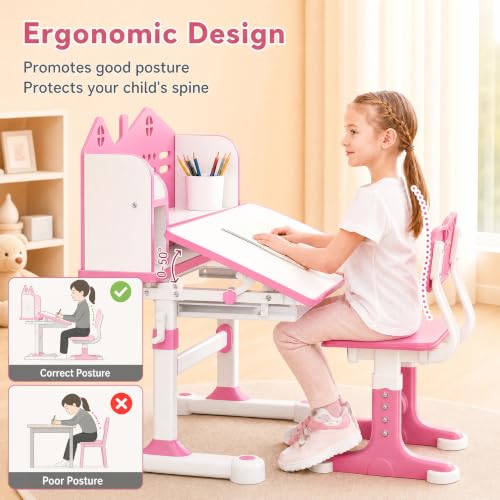 Kids Desk and Chair Set, Height Adjustable Child's School Study Writing Tables, Kids Desk with Bookstand and Storage Drawer, Widened Desktop with Desktop for Boys and Girls (Pink-A-MAX) - color: Pink-a-max