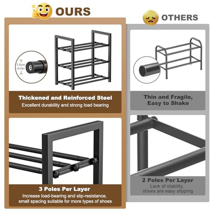 Roylvan 3-Tire 17"-31" Expandable Shoe Rack for Closet, Entryway, Dorm | Fits 6-12 Pairs Shoes, Adjustable Free Standing Shoe Shelf Storage, Shoes Organizer for Small Closet, Metal, Black - size: 3-Tire Black
