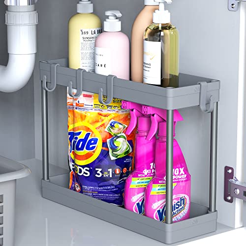 Simple Houseware 2-Tier Under Sink Organizer Storage Tray with Hooks, Grey - color: Gray