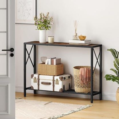Console Table 41.8", 2 Tier Industrial Entryway Table with Shelves | Narrow Sofa Table with Stable X-Frame, Entrance Table for Entryway, Hallway, Living Room, Foyer, Office, Rustic Brown - color: Rustic Brown