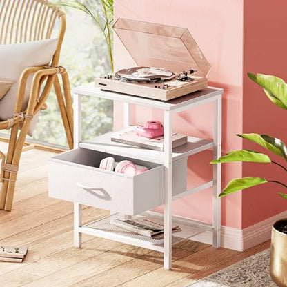 Huuger Nightstand Set of 2, Night Stand with Fabric Drawer, Mesh Shelf, Side Table with Storage, Fabric Drawer Dresser, Open Shelf, Metal Frame, Bedroom, White - color: White