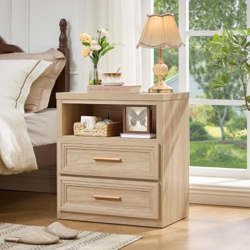 RWYHG 24'' Wide Farmhouse Night Stand with 2 Drawers,Wood Nightstand | Modern End Table Open Storage Shelf, Metal Handle, Mid-Century Bed Side Table for Bedroom, Living Room,Natural - color: Natural