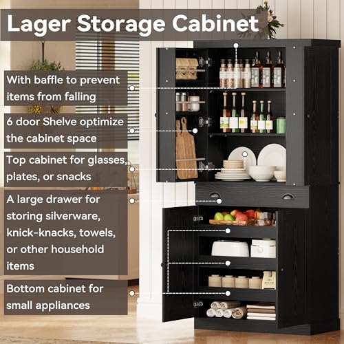 IRONCK Kitchen Pantry Cabinet 72" Height, Freestanding Cupboard with Drawer, Sliding Storage Rack, and 6 Hanging Shelves for Dining Room, Laundry, Living Room, Black - color: Black